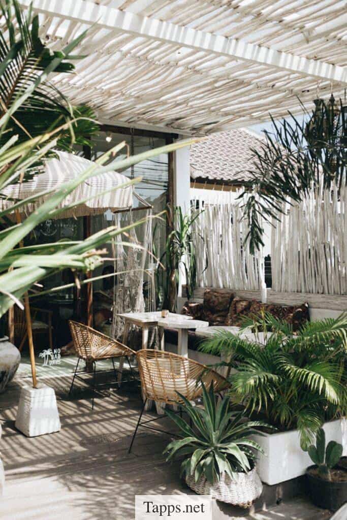 white table with brown wicker chair beside plants