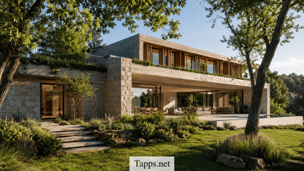 Villa moderna entre árboles y césped