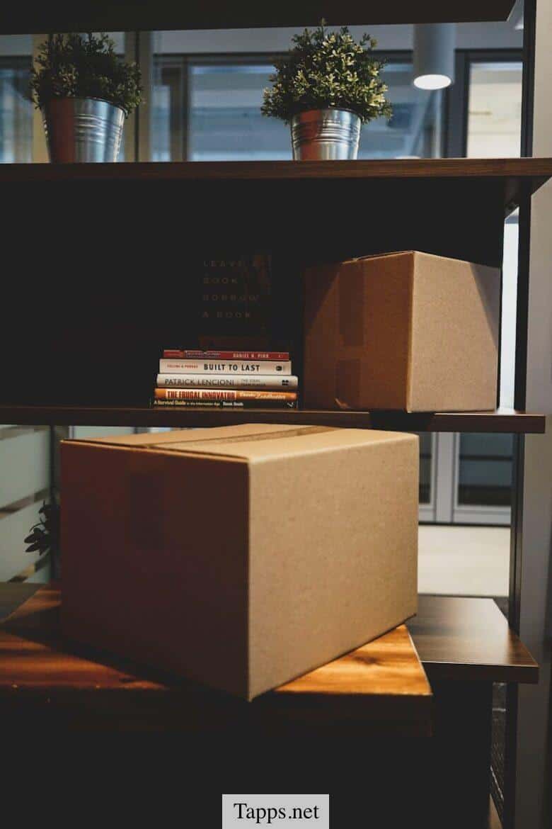 two brown boxes and DVD cases on rack